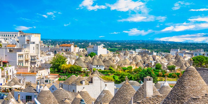Trulli of Alberobello typical houses panoramic view. Apulia, Italy. Europe.