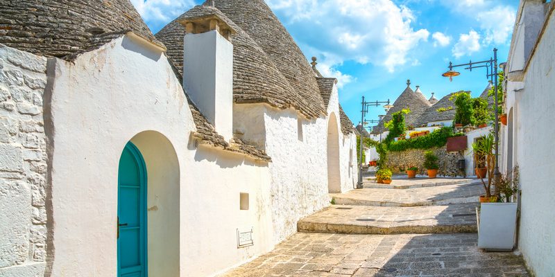 Trulli of Alberobello typical houses, street view. Apulia, Italy. Europe.