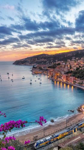 Aerial view of Villefranche-sur-Mer and the bay of Villefranche on sunset, Alpes-Maritimes, France