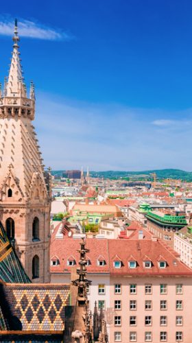 Cityscape with St Stephen Cathedral, or Saint Stephansdom Church in Old city center in Vienna in Austria. Wien in Europe. Panorama, cityscape. Travel and tourism view. Building architecture landmark