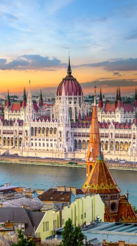 Bright sunset over famous landmarks in Budapest