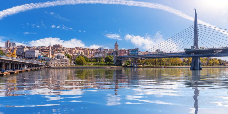 Bridges of Istanbul and Galata Tower on the background, view from the Golden Horn, Turkey.