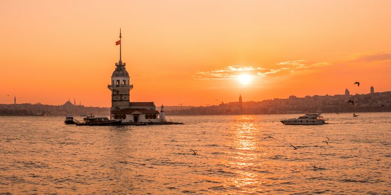 Sunset view of Maiden Tower(Kiz kulesi) in Bosphorus ,Istanbul Turkey
