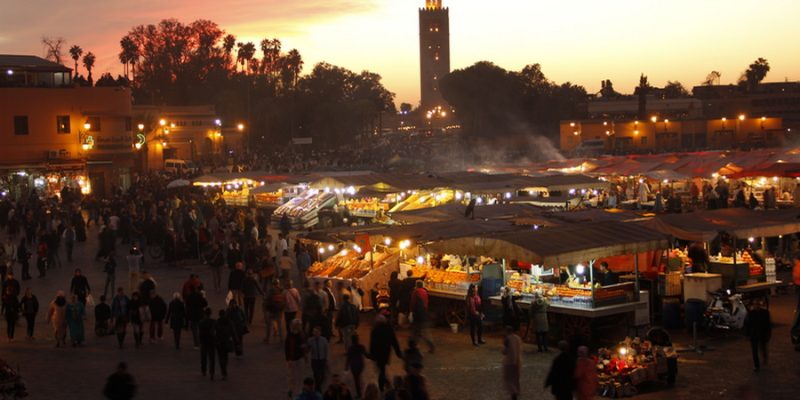 Marrakech, Morocco »; Spring 2017: Colorful sunset of the night market in Marrakech square from above