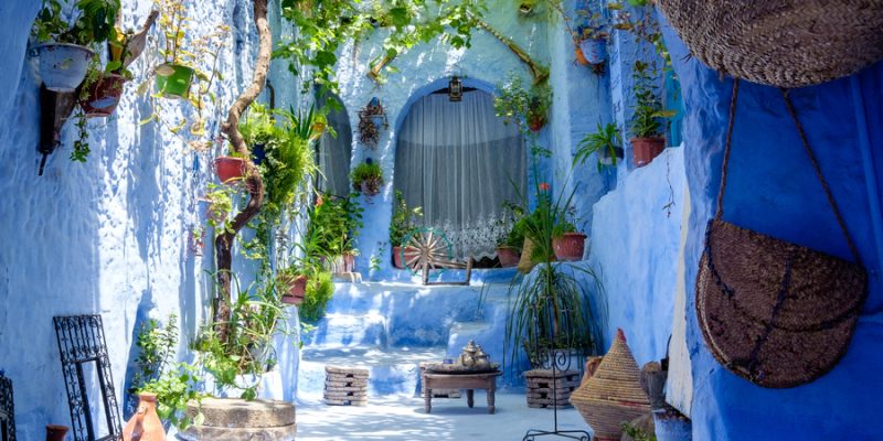 Street landscape of the of old historical medieval city Сhefchaouen in Morocco. Blue town village narrow streets of medina