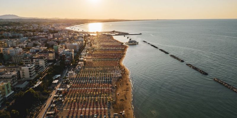 An aerial view of the stunning sunset over the Gabicce Mare and Romagna coast of Italy.