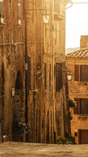 Beautiful Tuscany Village Street During Autumn Sunset. Italy, Europe.